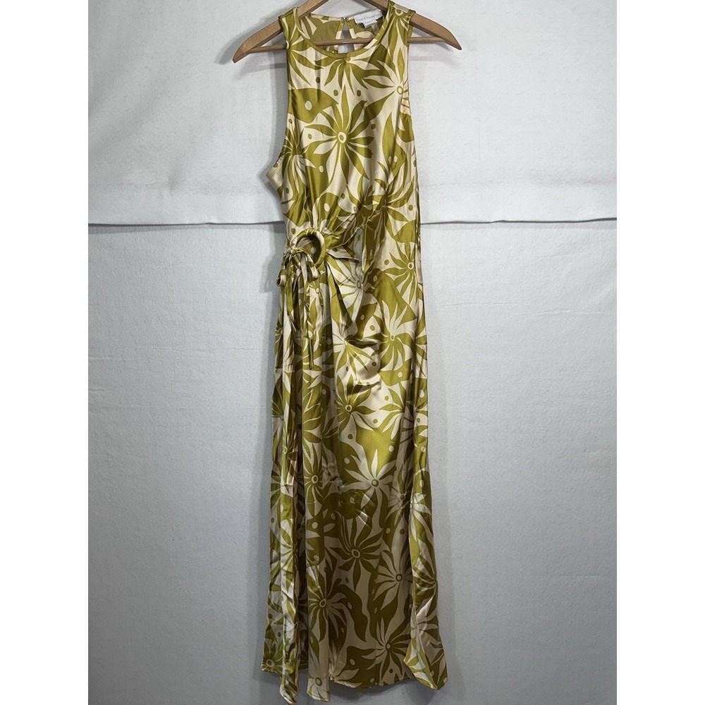 House of Harlow 1960 Maxi Dress M Green Sunburst Floral Ring Detail Satin